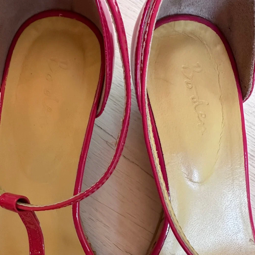Boden Pink Patent Leather T-Strap Strappy Preppy Cork Wedge Sandals Size 42 10